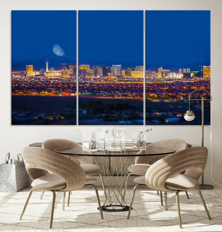 The Las Vegas Wall Art Canvas Print, depicting a city skyline at night, enhances a modern living room with its museum-quality canvas. This triptych comes ready to hang and boasts a UV-protective coating for lasting brilliance.