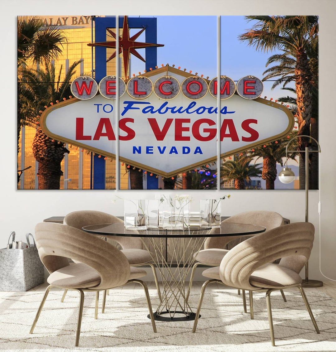 A Las Vegas Wall Art Canvas Print hangs on the wall, showcasing the iconic Welcome to Fabulous Las Vegas, Nevada sign. The museum-quality canvas guarantees vibrant colors with its UV-protective coating and is available with free shipping for added convenience.