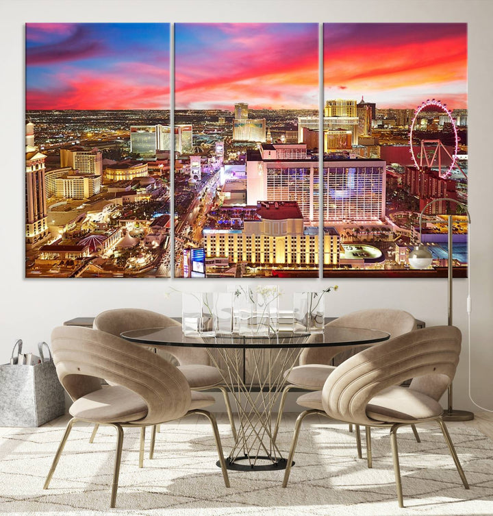 Las Vegas Wall Art Canvas Print depicting a vibrant cityscape at dusk on museum-quality canvas with a UV-protective coating, showcasing a skyline with colorful clouds.