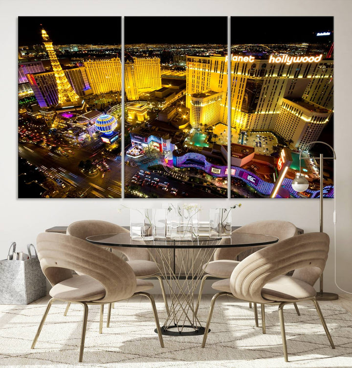 The modern living room features a Las Vegas Wall Art Canvas Print, a museum-quality triptych showcasing a vibrant cityscape with neon lights.