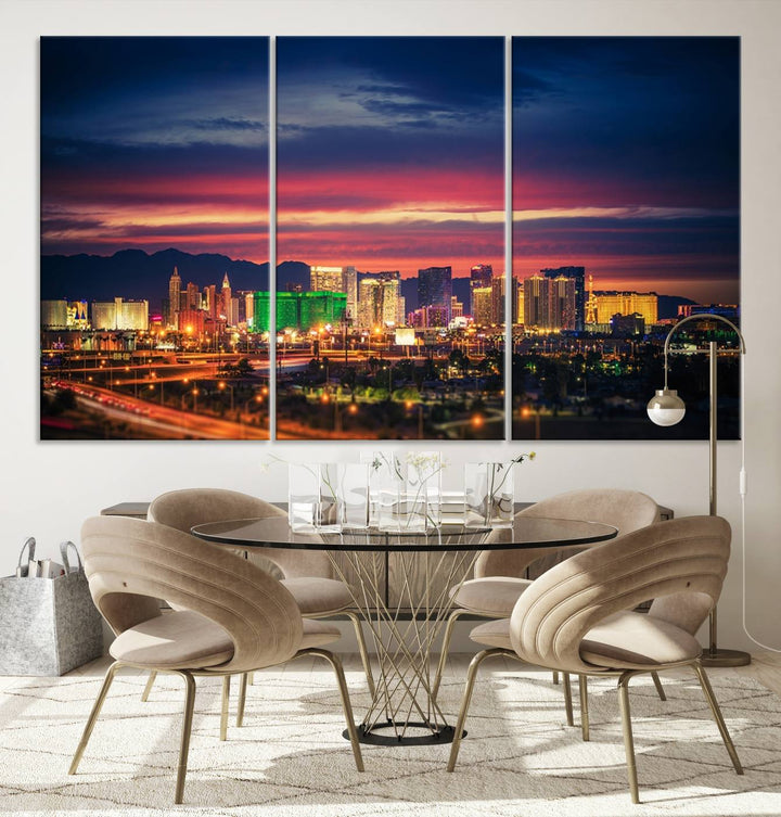 The living room is adorned with the Las Vegas Wall Art Canvas Print, a triptych showcasing a cityscape at sunset. This piece is crafted on museum-quality canvas and protected by a UV-coated finish, highlighting the craftsmanship of a skilled professional.