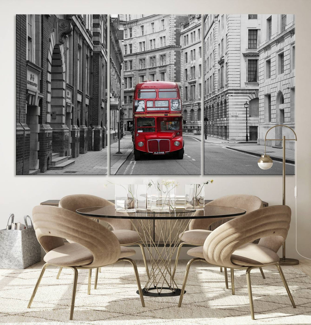 The living room features museum-quality London Red Bus Wall Art, showcasing a split canvas print of a red bus on a black and white city street. This artwork is ready to hang and includes a UV-protective coating to ensure long-lasting vibrance.