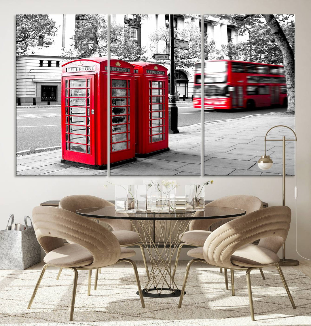 The London Red Bus and Phone Club Wall Art, a vivid night canvas print featuring iconic red buses and phone booths, is elegantly showcased on gallery-wrapped, museum-quality material. With its UV-protective coating, this captivating piece infuses your space with the charm of London.