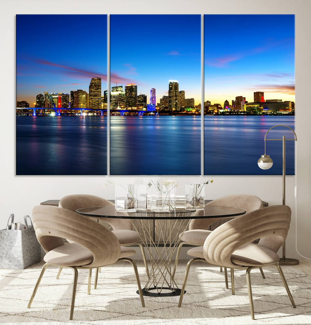 The living room features a Miami City Wall Art Canvas Print—a gallery-wrapped triptych displaying a city skyline at dusk, adding museum-quality elegance to the space.