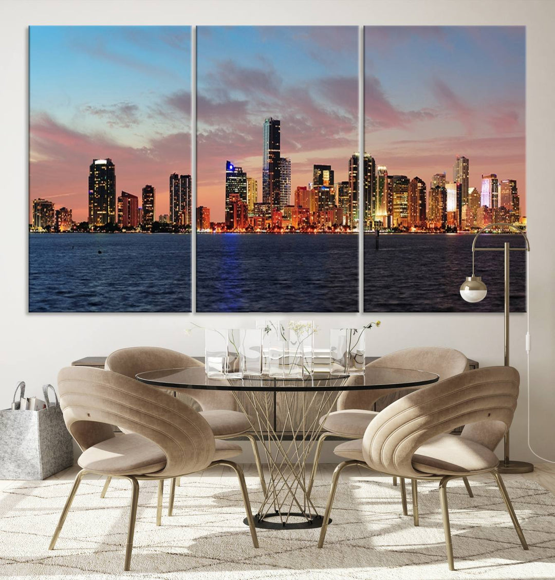 The Wall Art MIAMI Canvas Print emphasizes a vibrant cityscape at sunset. This artwork is presented on museum-quality canvas with gallery-wrapped edges, ensuring it stands out while maintaining its pristine condition for years to come.