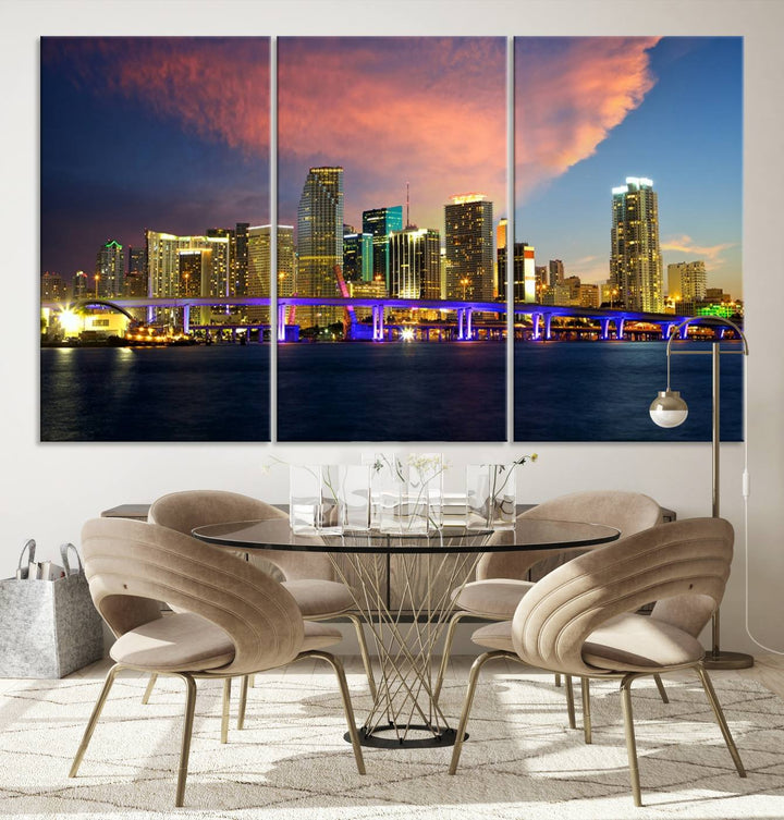 The modern living room is enhanced by the "Miami City Wall Art Canvas Print," a stunning triptych portraying a city skyline at sunset. These canvases are gallery wrapped and made from museum-quality materials, featuring a UV-protective coating to ensure lasting vibrancy.