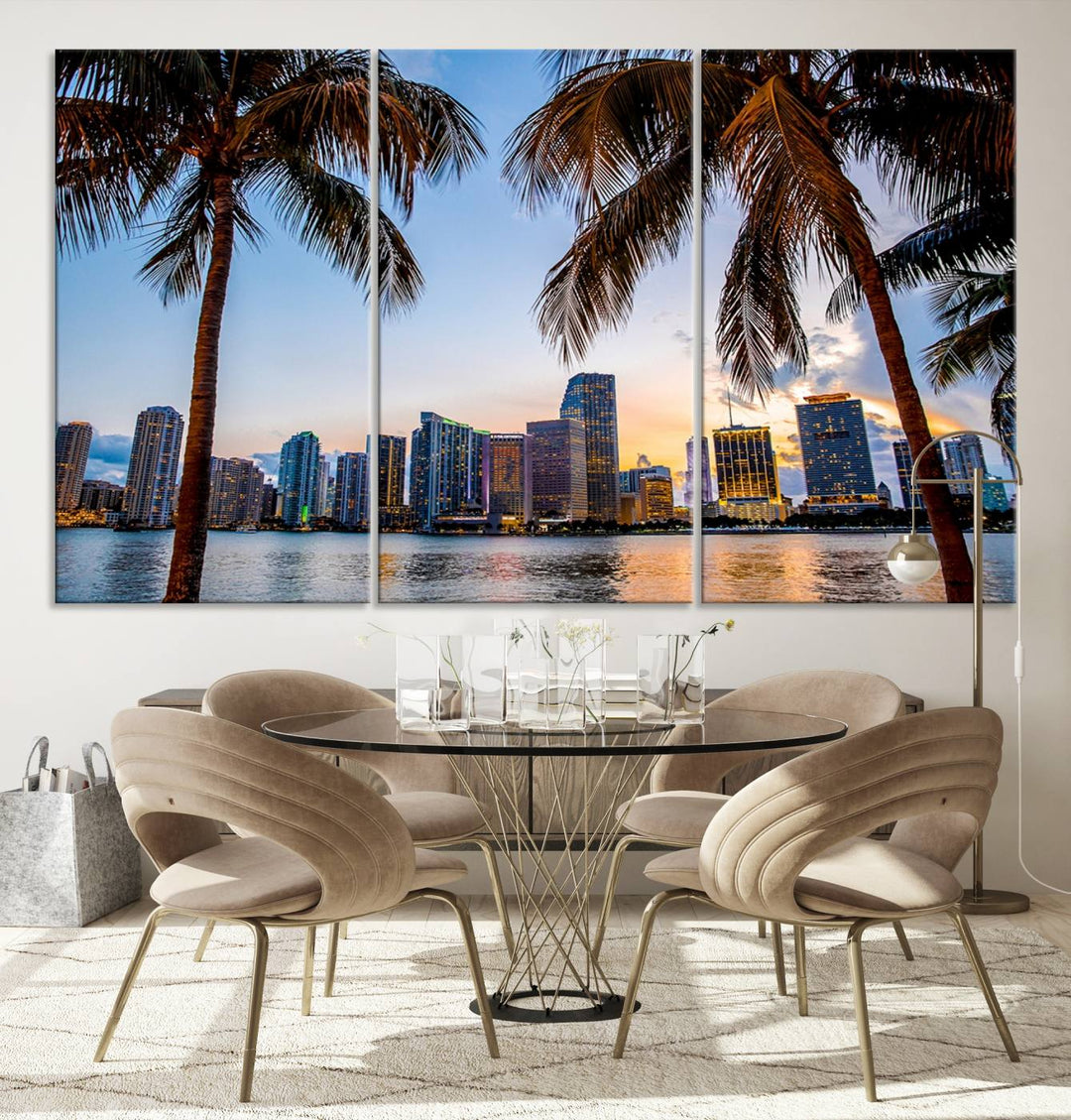 The Wall Art MIAMI Canvas Print features a triptych design depicting palm trees and a city skyline at sunset.