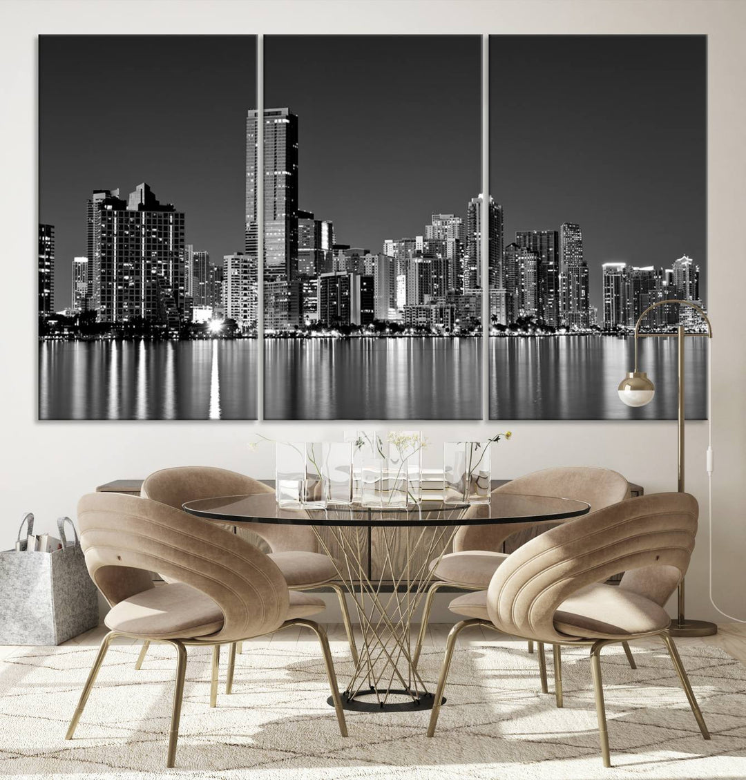 The Miami City Wall Art Canvas Print, a stunning triptych of the Miami skyline, elegantly hangs in this modern living room.