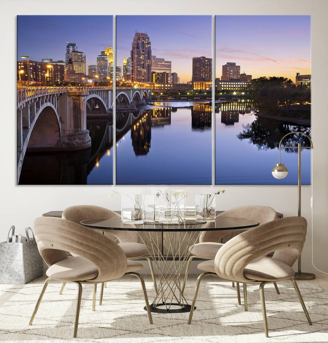 Display the Minneapolis Wall Art Canvas Print, featuring the Minnesota cityscape at dusk, on gallery-wrapped, museum-quality canvas.