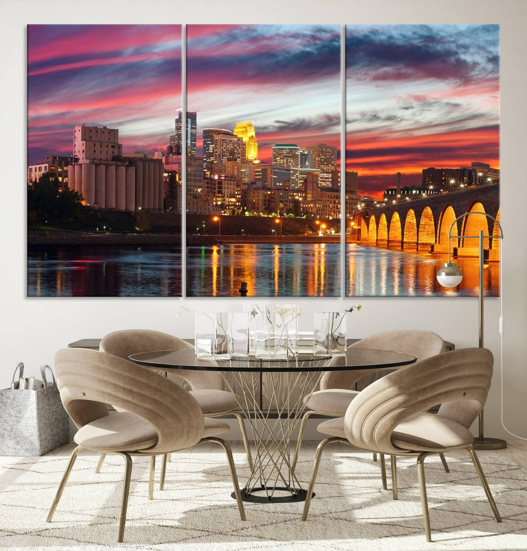 The "Minneapolis Wall Art Canvas Print, Minnesota City Wall Art Print, Minnesota Cityscapes Wall Art" features a city skyline at sunset in museum-quality canvas prints. Transform your living space into a gallery with this stunning piece and enjoy free shipping.