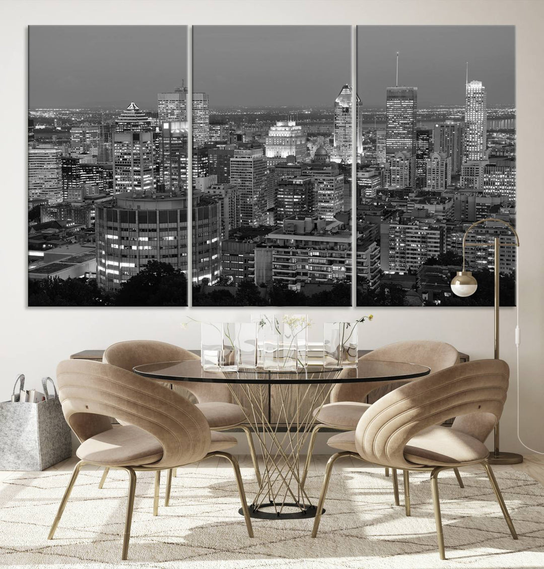 The gallery-wrapped, museum-quality canvas print features the Montreal Canada City Wall Art, showcasing a cityscape at night in black and white.