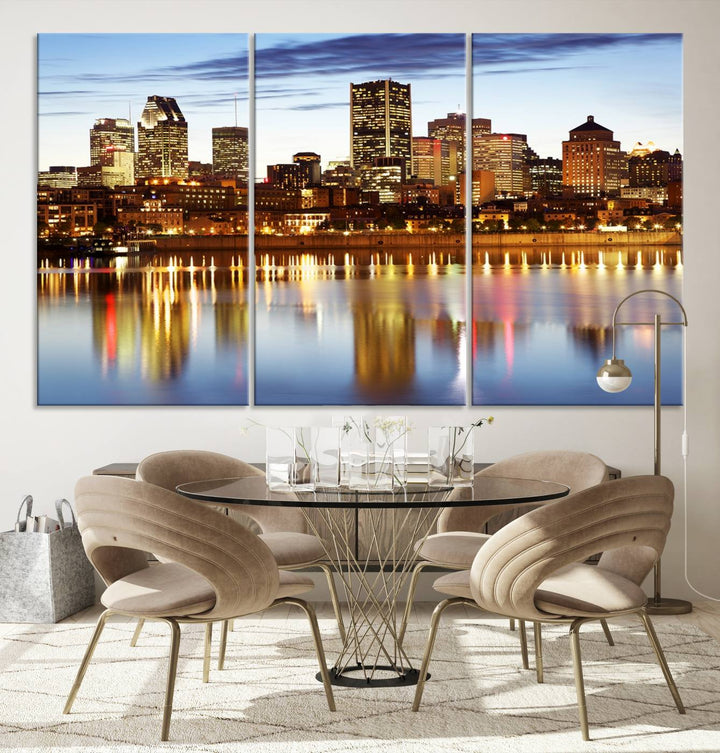 A Montreal Canada City Wall Art Canvas Print, depicting the cityscape at dusk and reflecting in calm waters, is crafted with museum-quality canvases and a UV-protective coating. This remarkable piece guarantees vibrant colors that remain stunning and ready to hang for years to come.