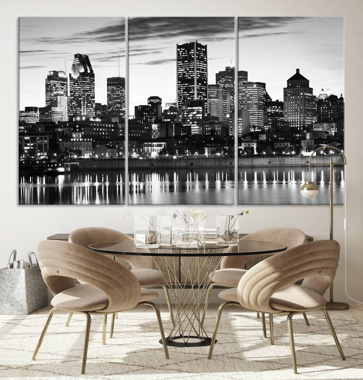 The contemporary living room features the Montreal Canada City Wall Art Canvas Print, an elegantly gallery-wrapped triptych on museum-quality canvas, prominently hung above.