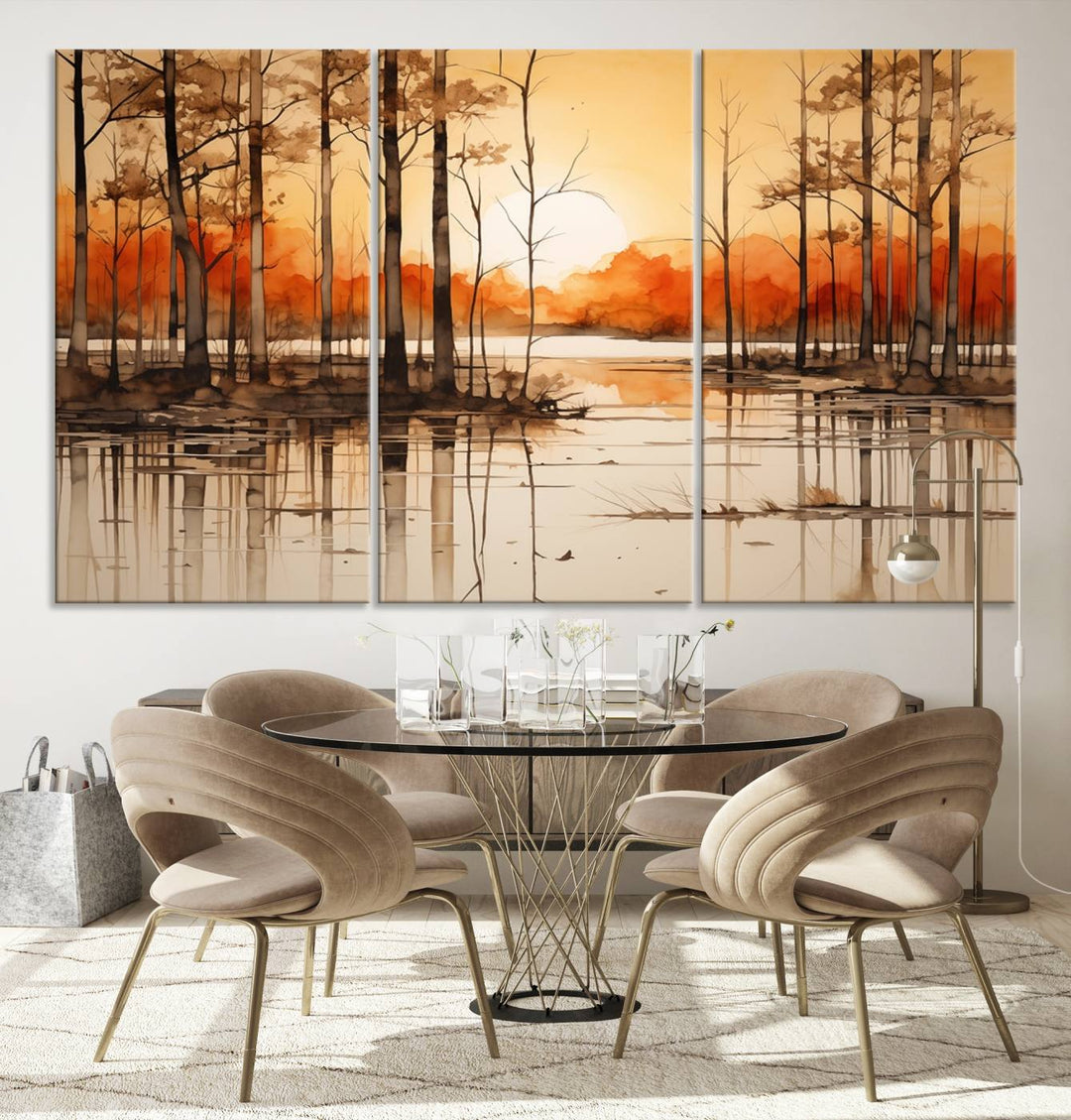 An Abstract Watercolor Trees and Sunset on Lake Wall Art Canvas Print, created on museum-quality canvas.