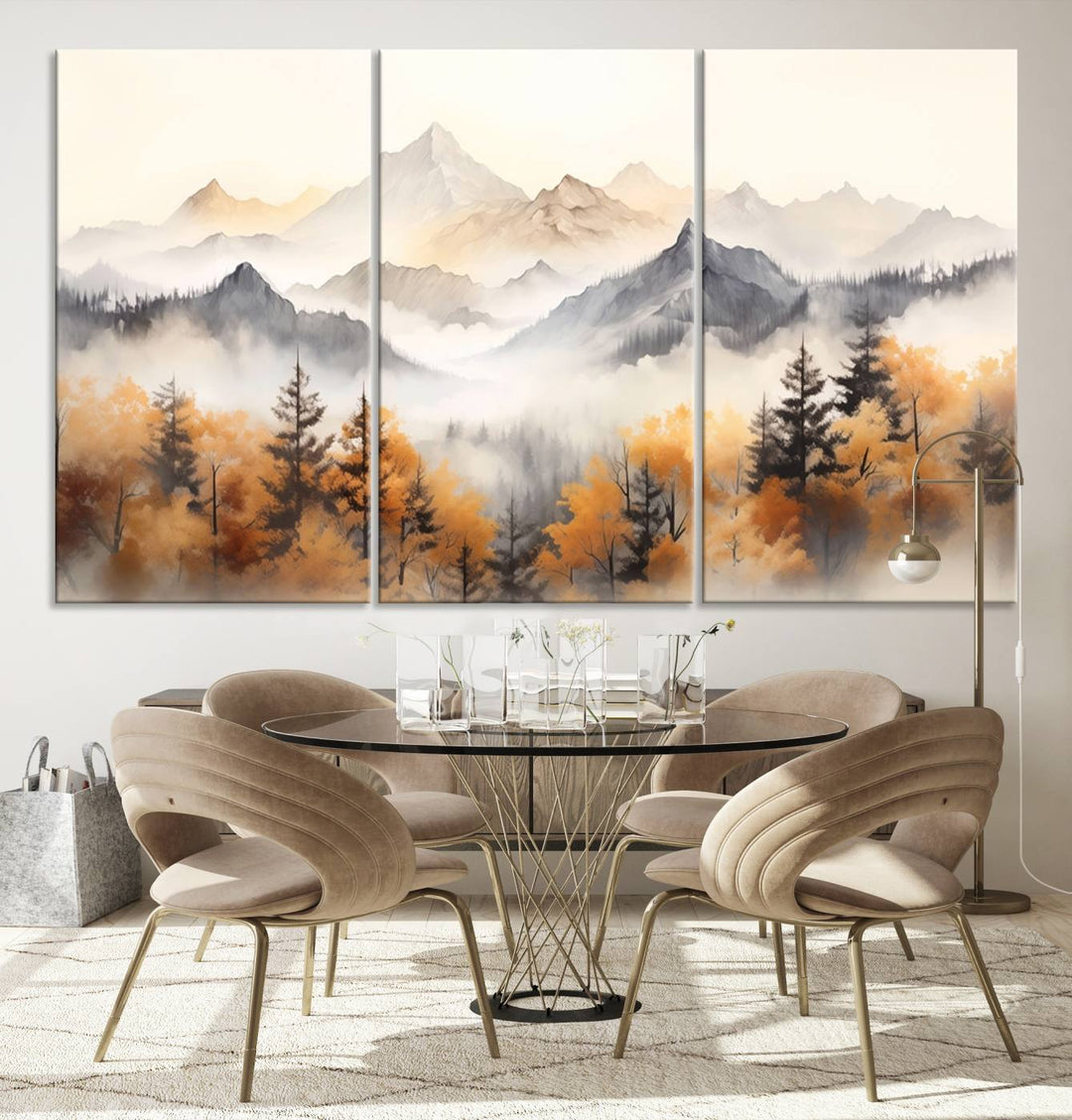 Art mural abstrait aquarelle montagnes et arbres automne