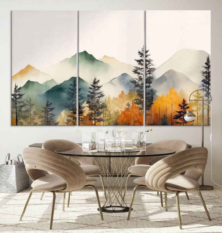 The Abstract Watercolor Mountains and Trees Autumn Wall Art, crafted on museum-quality canvas, decorates the space with its stunning triptych design. This wall art features autumn-colored mountains and trees, expertly gallery wrapped for a seamless and elegant addition to your living room.