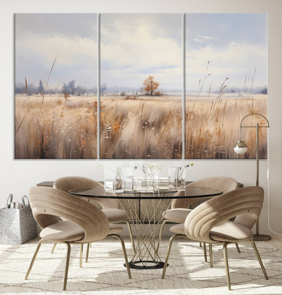 The modern living room features the Golden Fields Canvas Wall Art Print – Serene Landscape of Nature’s Tranquility in Minimalist for Farmhouse Decor, showcasing serene golden fields that enhance the calming ambiance.