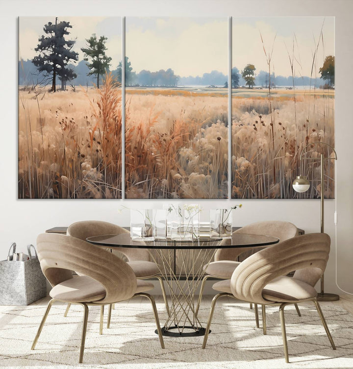 The Golden Fields Canvas Wall Art Print, a serene depiction of nature's tranquility in minimalist modern decor style, graces the wall with its calming presence.