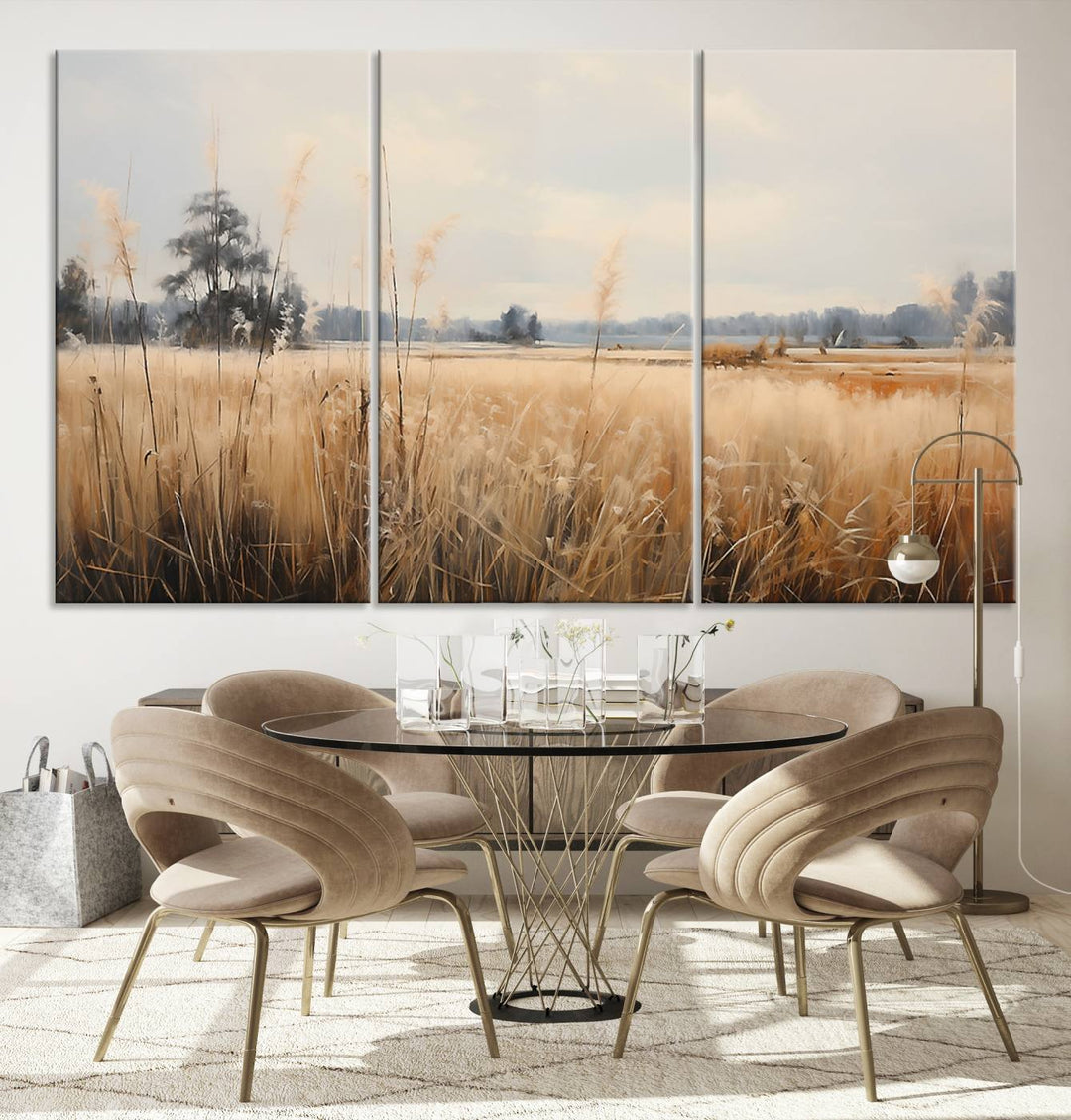 A Wildflower Field Landscape Oil Painting, showcasing a vintage art print of a serene field with tall grasses and distant trees, is beautifully presented on museum-quality canvases with gallery-wrapped edges.