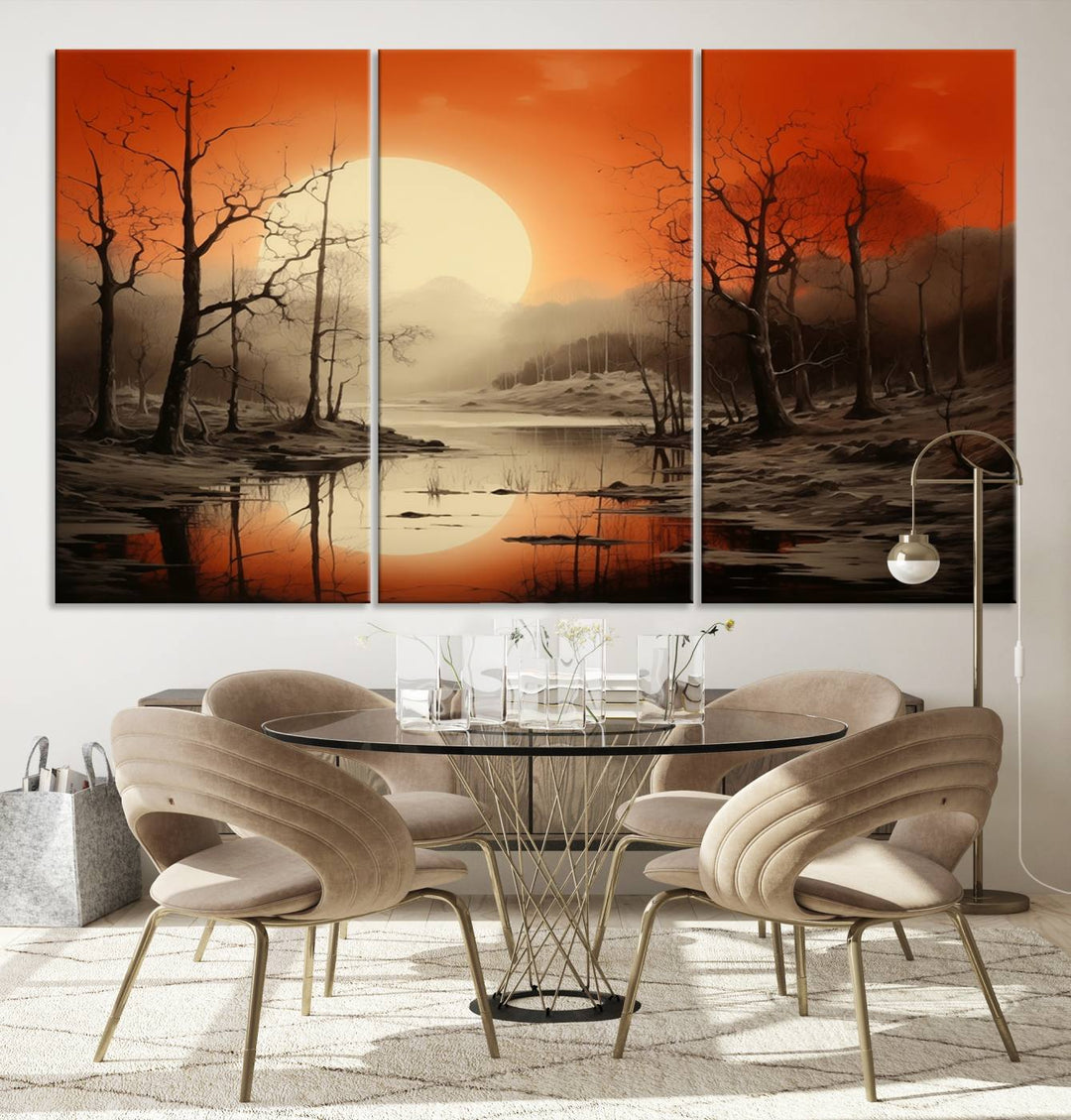 The "Abstract Watercolor Trees and Sunset on Lake Wall Art" is a triptych masterpiece, showcasing an orange-hued landscape of barren trees and a large sun. Displayed on museum-quality canvases with UV-protective coating, it creates a striking visual element in any space.