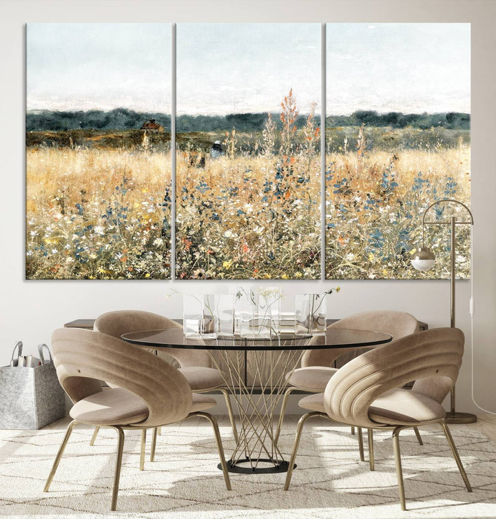 The "Wildflower Field Wall Art Canvas" brings rustic charm to the room with its nature-inspired landscape print, making it a perfect addition to the living room or office.