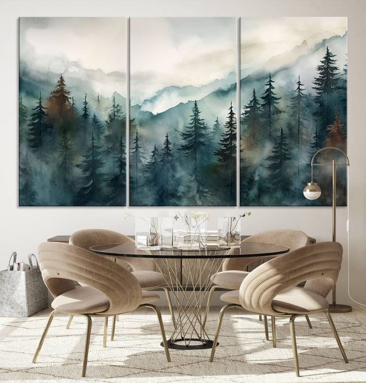 A set of Serenity Forest Wall Art Canvas prints, showcasing foggy mountain landscapes, is displayed in the living room.