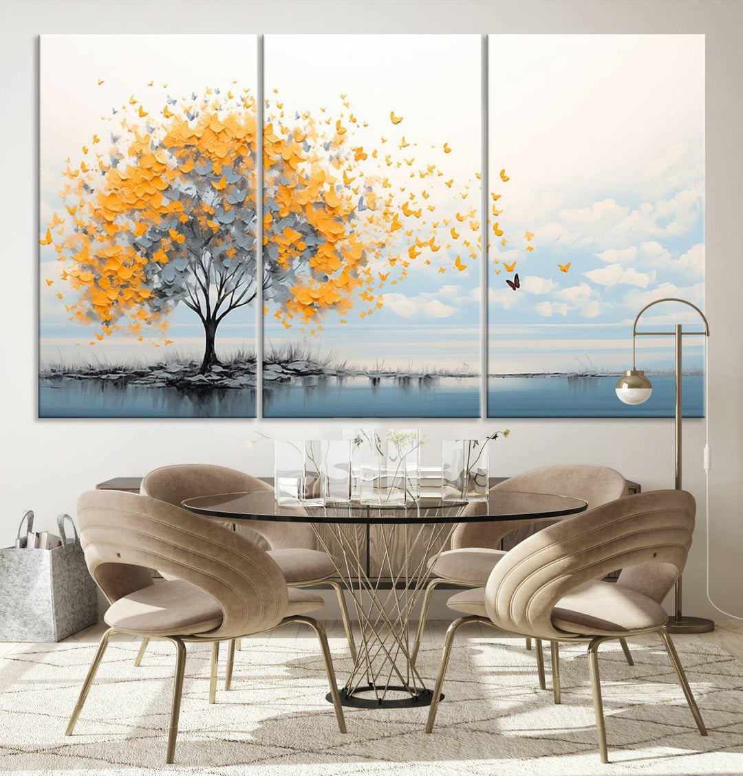 A Butterfly Tree Wall Art Canvas, featuring a modern tree adorned with yellow butterflies, decorates the wall.