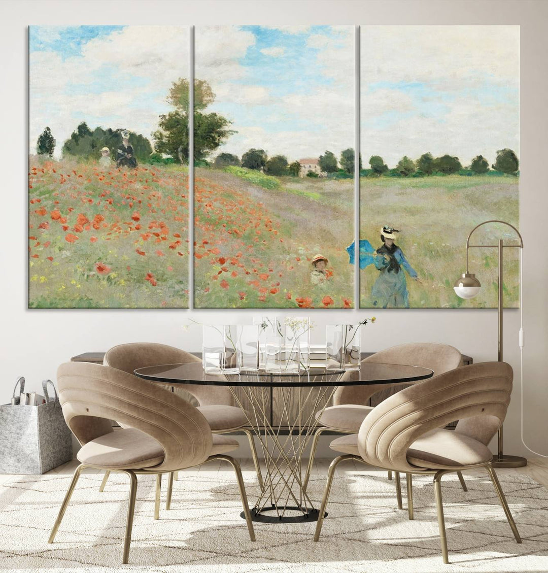 The Claude Monet The Poppy Field Canvas Print features a scene of a serene meadow with blooming flowers and a woman and child. It is printed on museum-quality canvas with UV-protective coating.