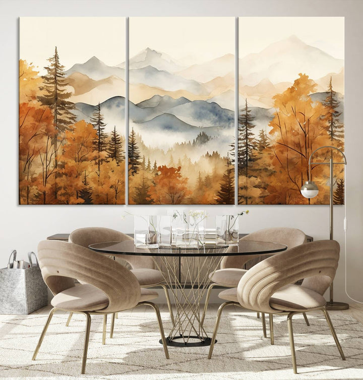 Abstract Mountain Mist Canvas Wall Art – Tranquil Autumn Forest and Misty Peaks - Ready to Hang