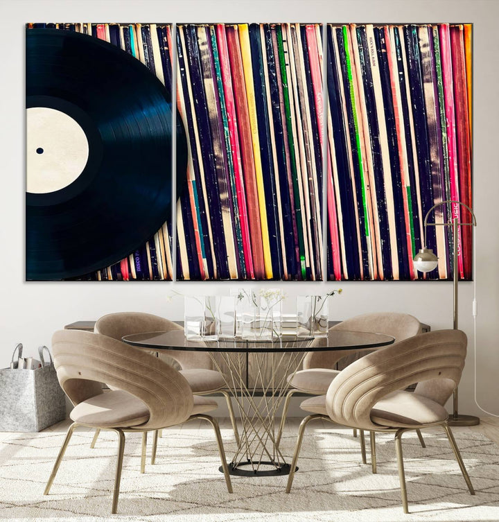 The room showcases the "Vinyl Record and Album Collection Canvas Wall Art," a perfect retro music decor piece for vintage vinyl lovers.