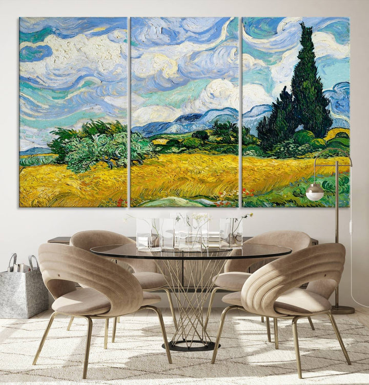 A contemporary living room features a large triptych of "Wheatfield With Cypresses By Van Gogh Painting Wall Art Canvas Print." Crafted on museum-quality canvas, this artwork brings a sense of elegance and craftsmanship reminiscent of professional artistry.