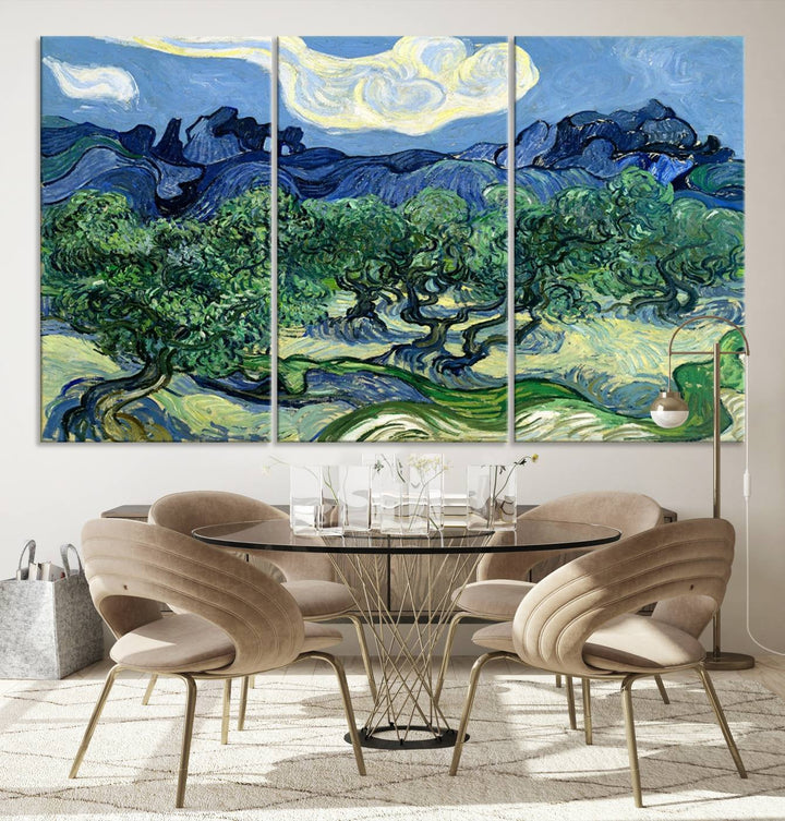 The Olive Trees Van Gogh Wall Art Canvas Print enhances the living room with its vivid landscape on museum-quality canvas, complete with a UV-protective coating.