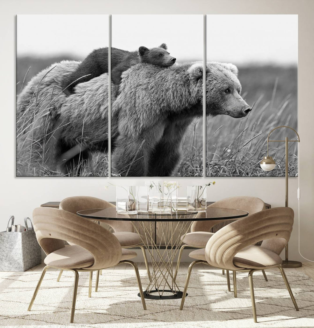 Bébé ours et maman ours famille noir et blanc toile impression mur Art toile