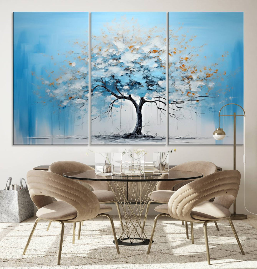 Modern living room featuring the Large Blue Abstract Tree Wall Art Canvas Printing. Enjoy the elegance with free shipping.