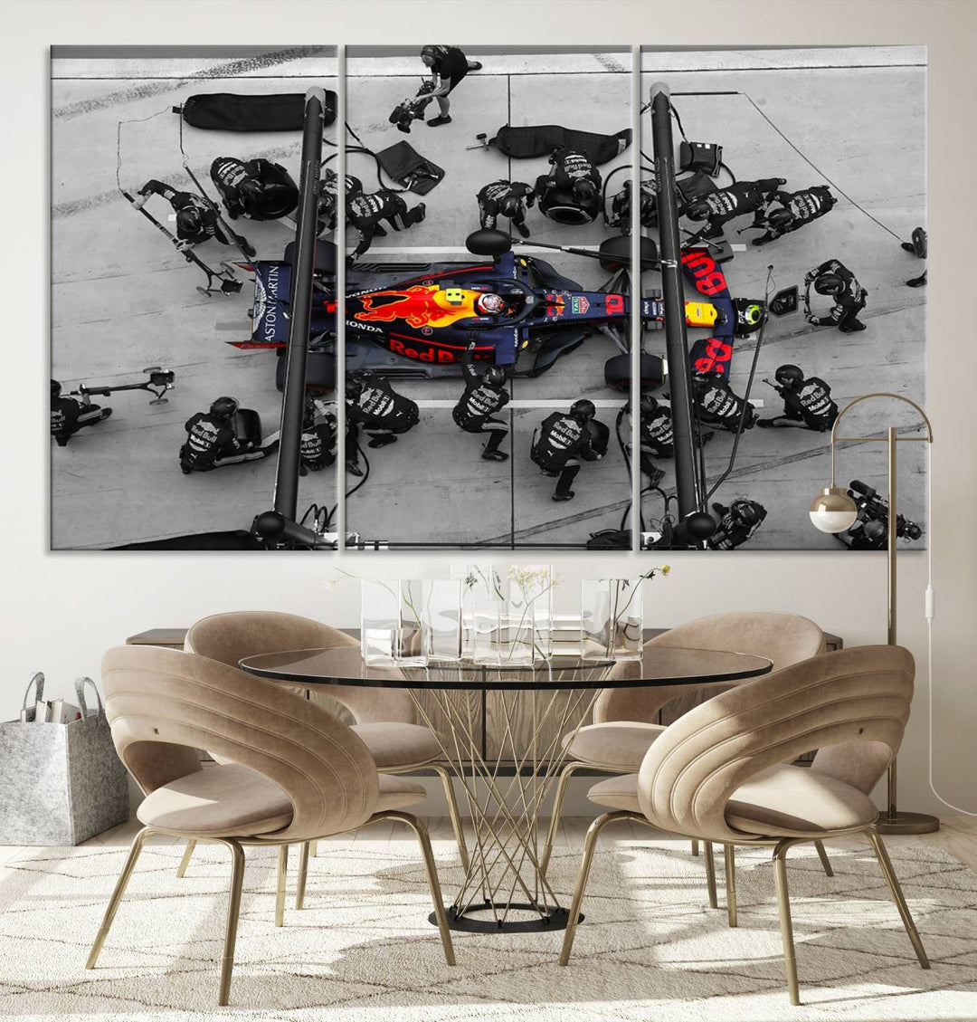 The RedBull Formula 1 Canvas Wall Art Print, a set of three gallery-quality pieces, elegantly adorns the wall.