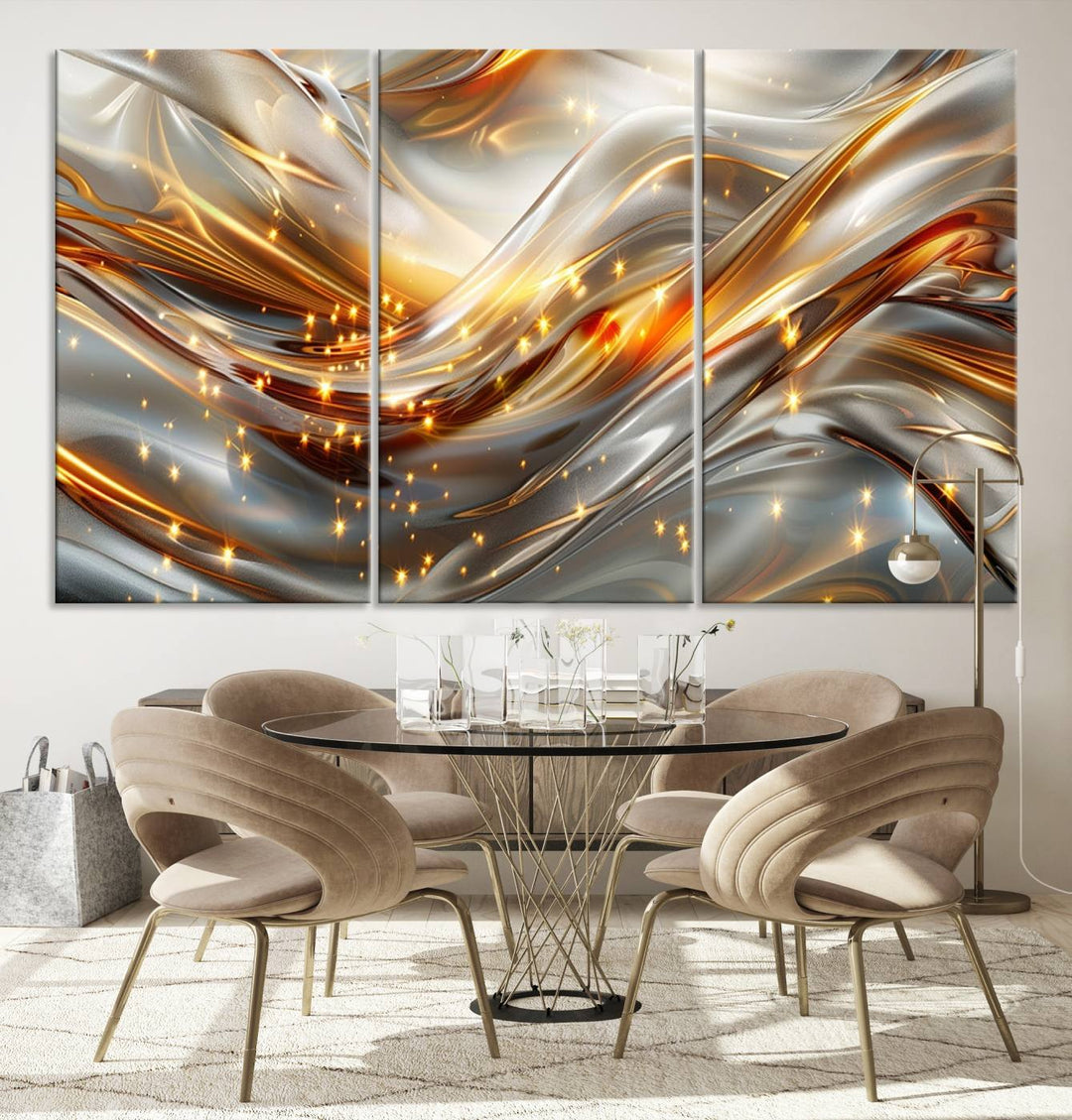 The Elegant Modern Gold Abstract Wall Art - Premium Framed Canvas Print for Home & Office Decor showcases a captivating triptych with swirling metallic designs and golden sparkles, perfectly enhancing contemporary interiors.