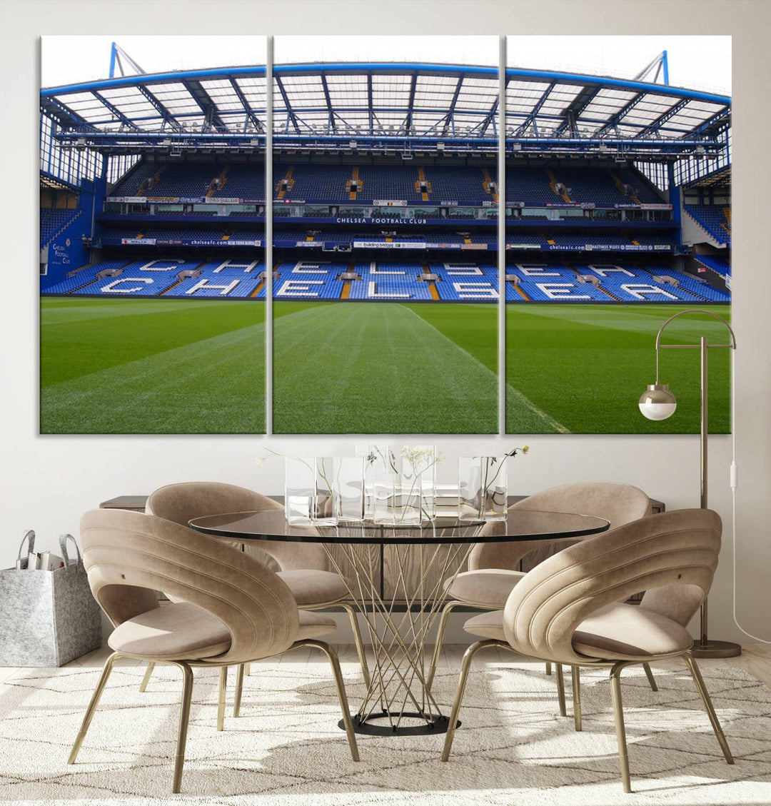 The Chelsea FC Soccer Team Print - Stamford Bridge Stadium Wall Art Canvas Print hangs elegantly, bringing the thrill of the game into your living room.