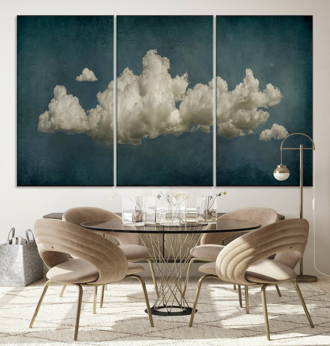 The Vintage Green Clouds Wall Art Canvas Print, set against a teal backdrop, showcases breathtaking canvas artwork with a gallery-quality finish.