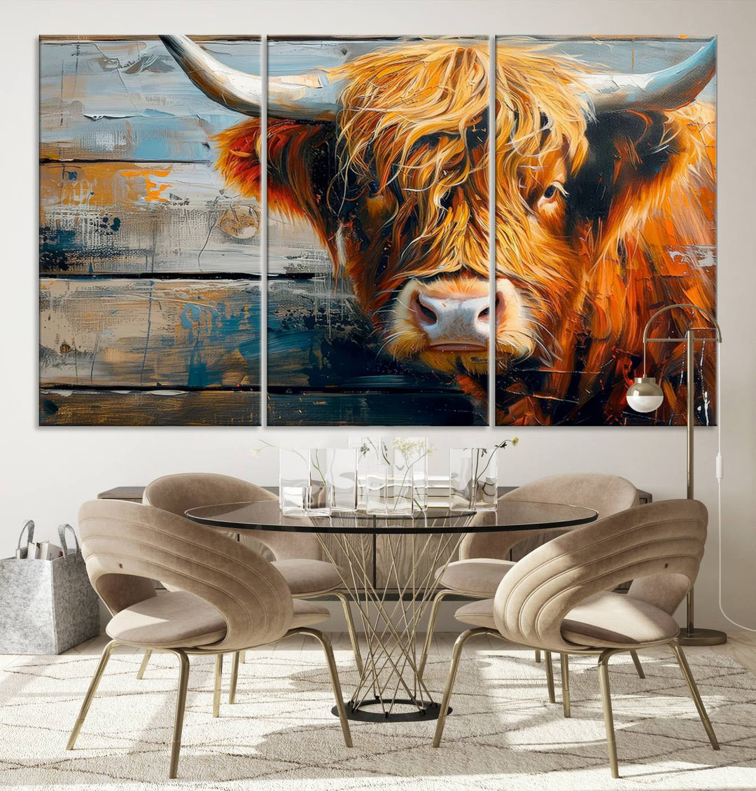 The Highland Cow Abstract Canvas Wall Art, a bold piece of farmhouse rustic decor, adds charm to the modern living room.