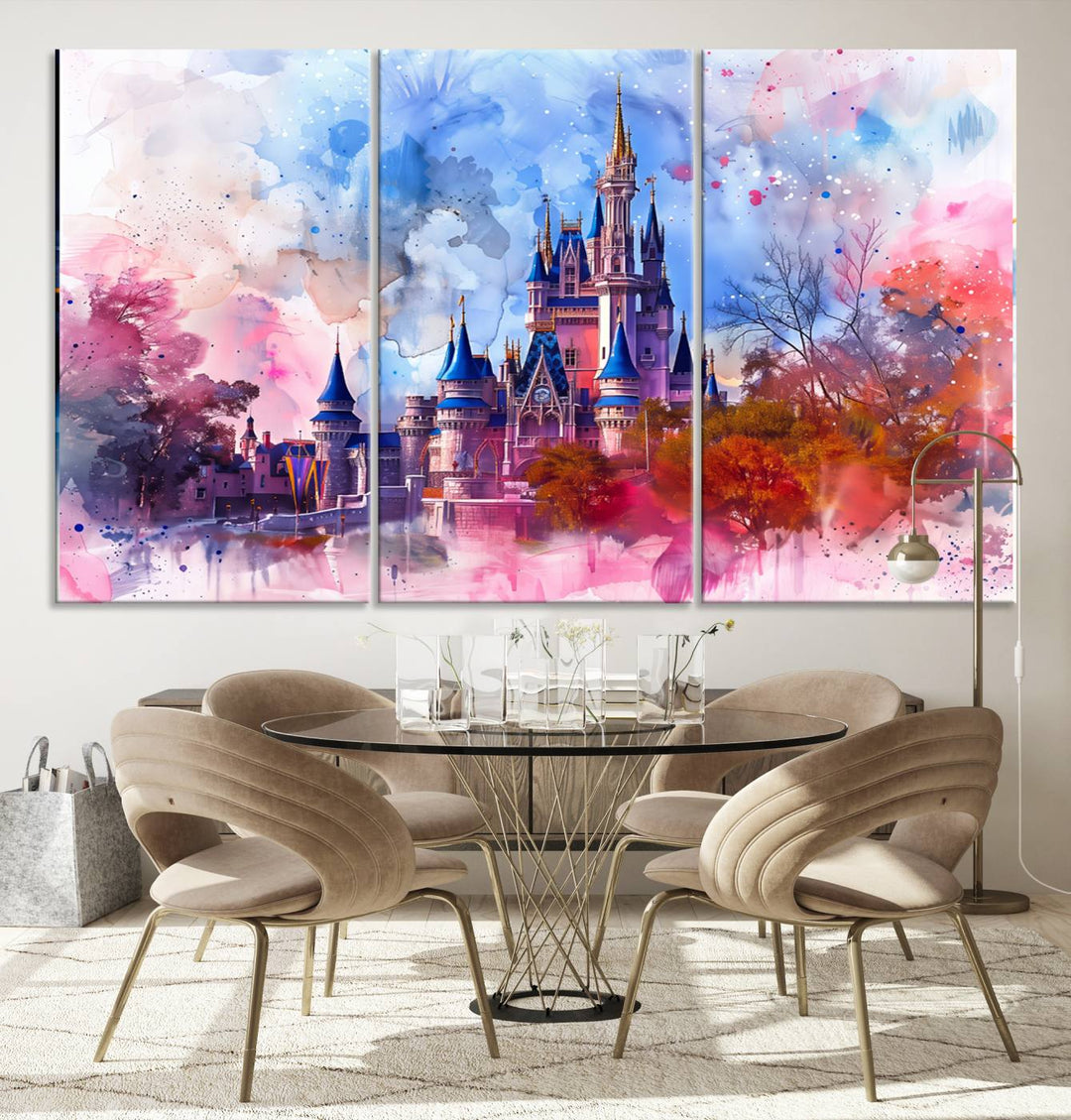 The Disney Wall Art: Dreamy Watercolor Cinderella Castle Canvas Print features a fairy-tale castle with vibrant pink, blue, and purple hues. Expertly handmade in the USA, this premium canvas wall art adds a touch of enchantment to any room.