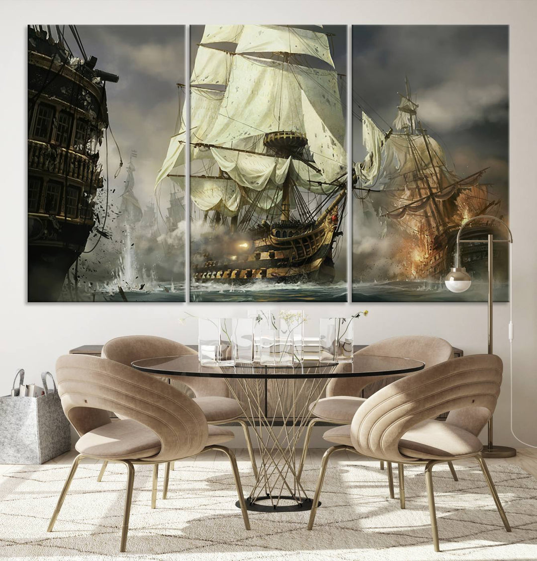 The Pirate Ship War Wall Art Canvas Print, featuring a stunning three-panel depiction of an intense sea battle with tall ships, boasts a gallery-quality finish that adds an elegant touch to its display.