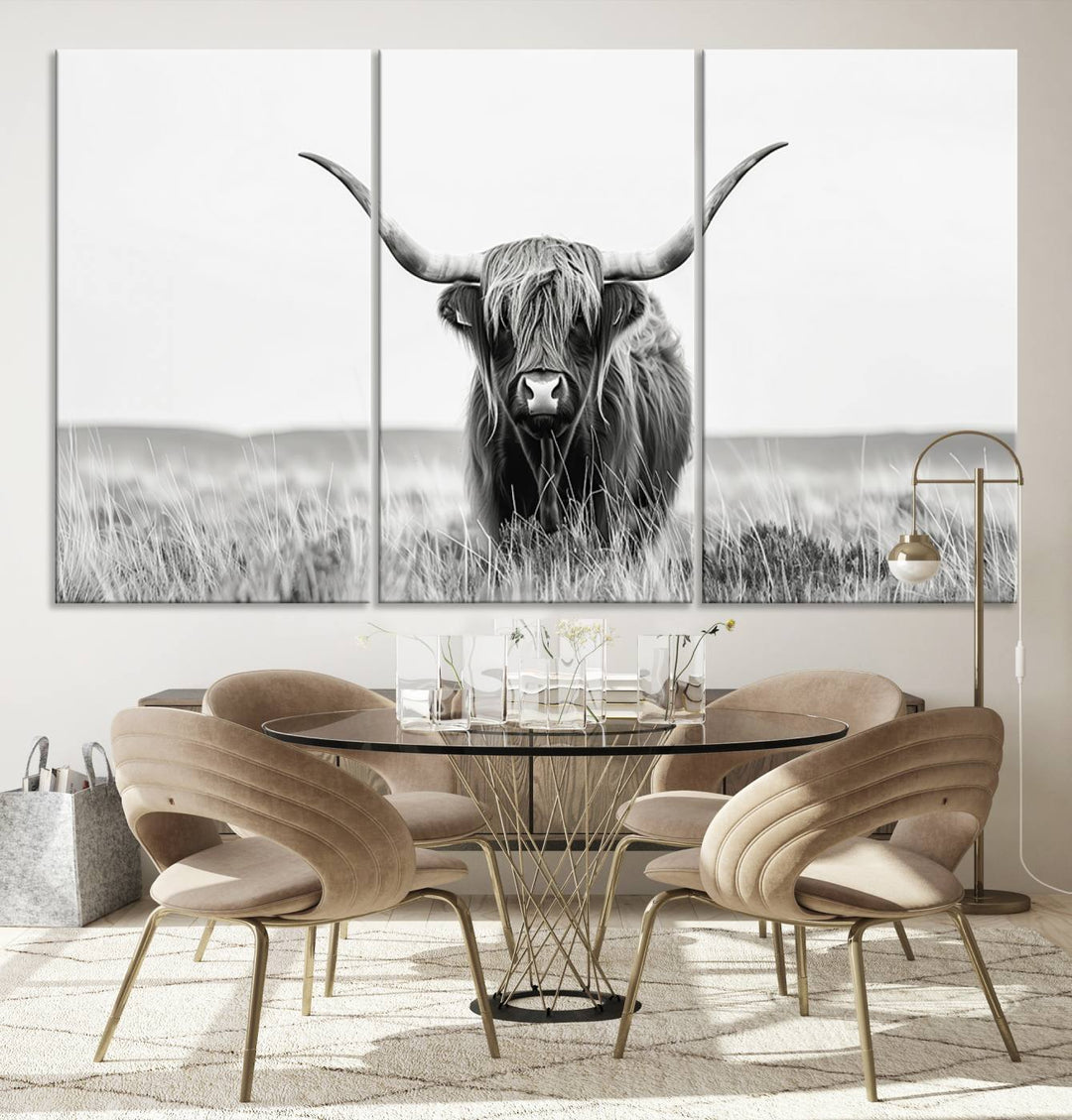 The living room is enhanced by a stunning three-panel Longhorn Wall Art Canvas Print. This museum-quality piece of Texas Longhorn Art comes on a gallery-wrapped canvas with a UV-protective coating to keep it vibrant under everyday light exposure.