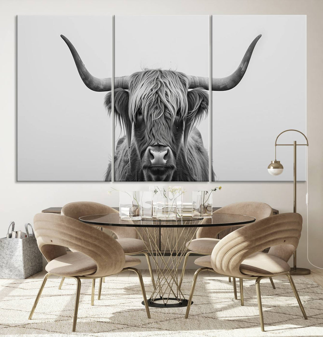 A triptych titled "Farmhouse Longhorn Wall Art Canvas Print, Longhorn Texas Wall Art Canvas Print," rendered in a gallery-quality finish, hangs prominently on the wall.