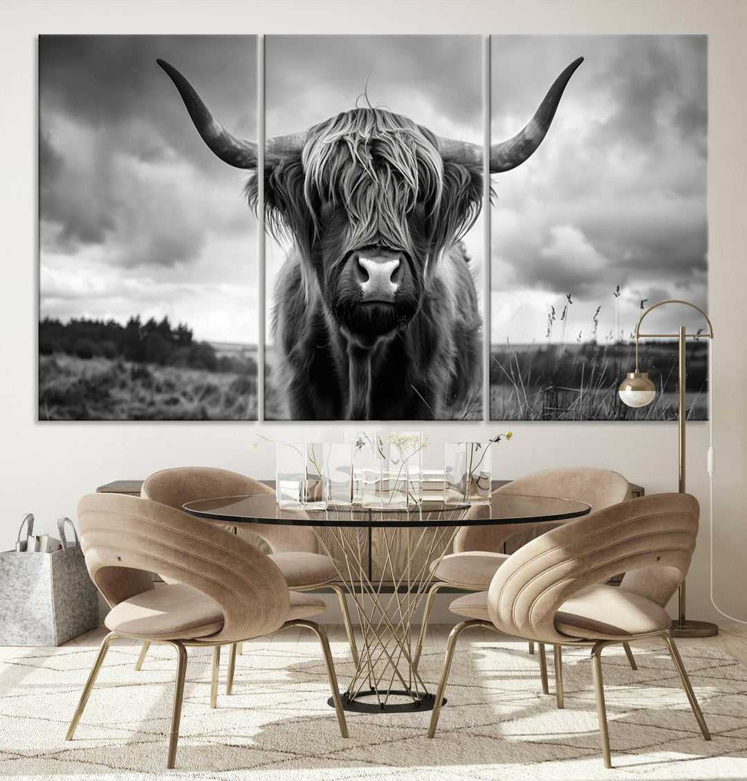 A stunning gallery-quality piece, the "Scottish Cow Wall Art Canvas Print | Longhorn Wall Art | Bighorn Animal Wall Art," depicts a Highland cow with long horns and shaggy fur. This captivating wall art elegantly enhances the space.