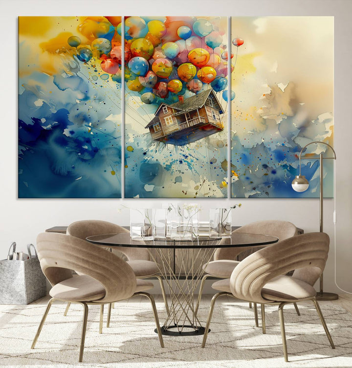 The Cartoon Movie Wall Art Canvas Print, featuring a vibrant house lifted by balloons and split across three panels, serves as captivating wall art. Handmade in the USA, it adds charm and whimsy to any space.