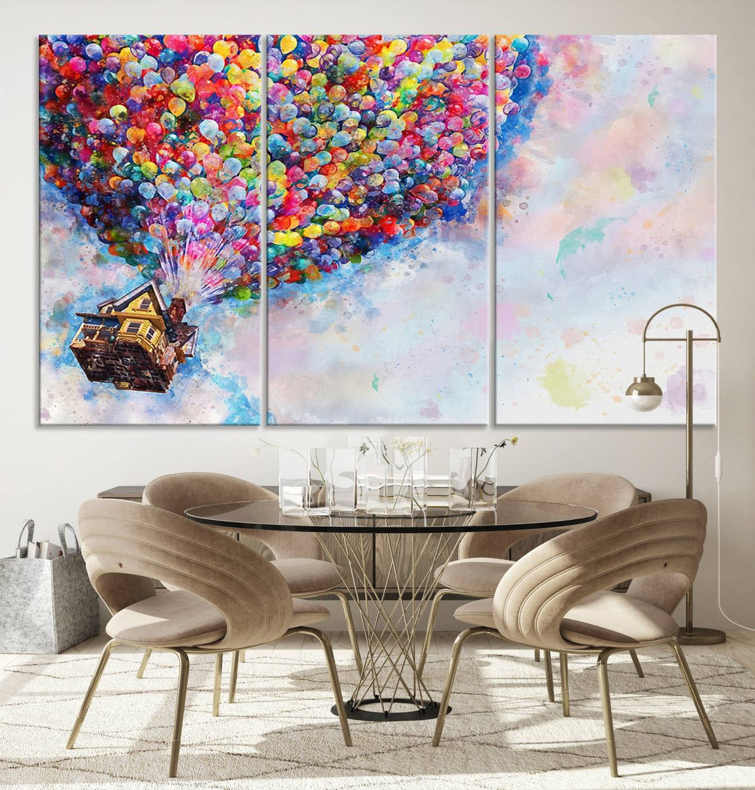 The "Watercolor Cartoon Movie Balloons Canvas Print" is showcased, depicting a whimsical house being lifted by colorful balloons. This triptych wall art is crafted on museum-quality canvases with a UV-protective coating to maintain its vibrant colors, making it ready to hang in any room.