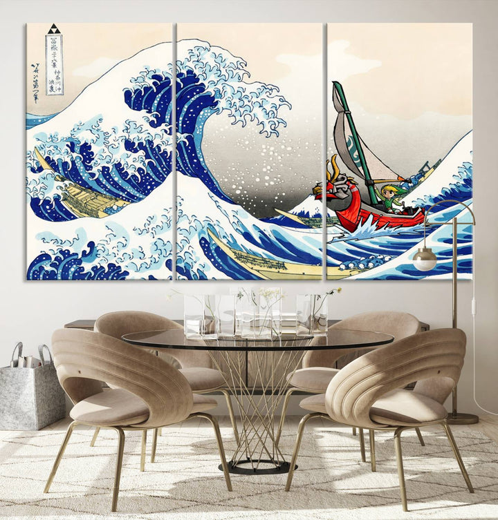 The Katsushika Hokusai Kanagawa Giant Wave Wall Art Canvas Print, featuring iconic Japanese art, brings a touch of modern artistry to the living room.