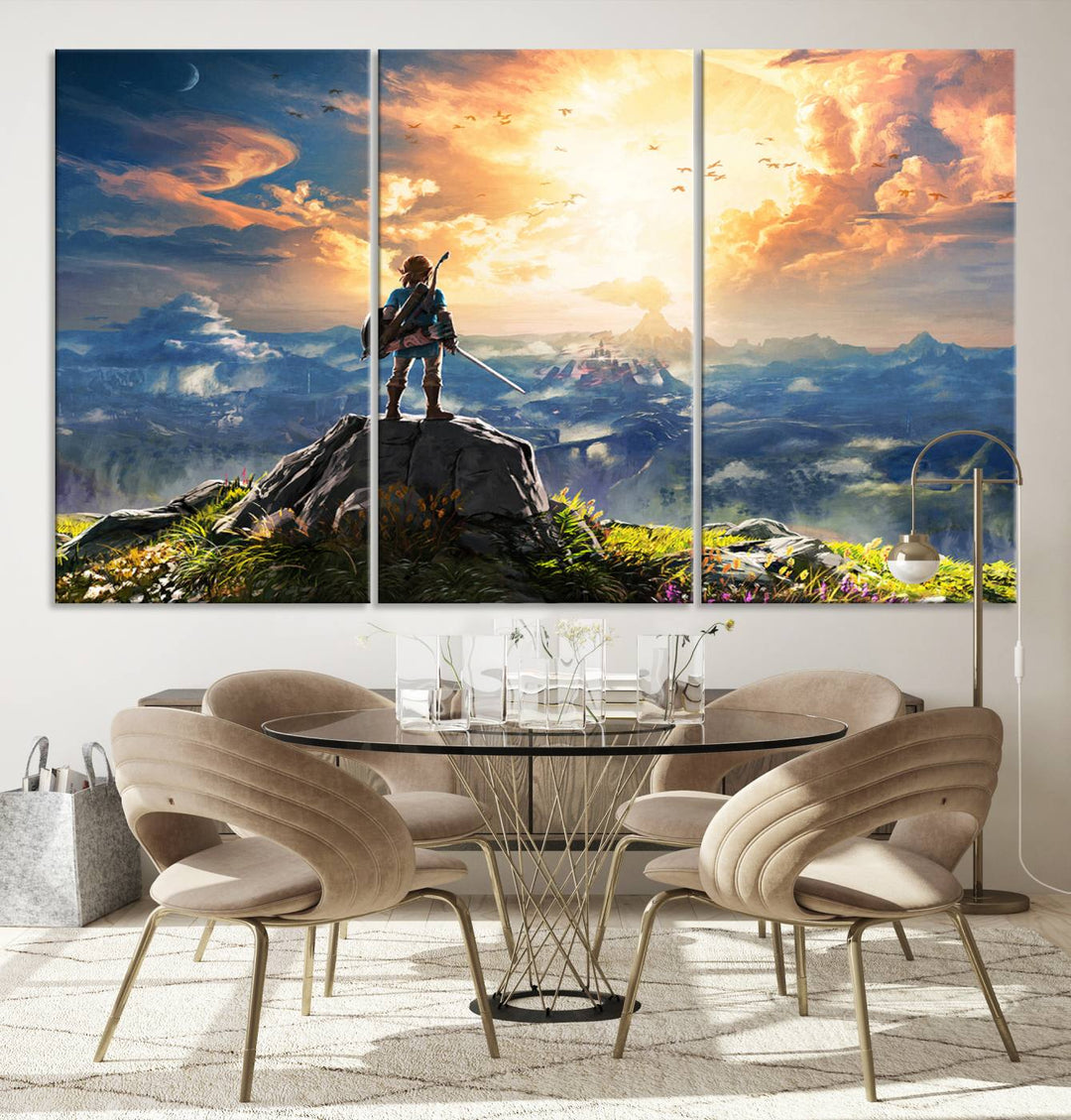 The Legend of Zelda Breath of the Wild Game Wall Art Canvas Print showcases a fantasy landscape with a character on a cliff, all rendered in gallery-quality finish on premium canvas.