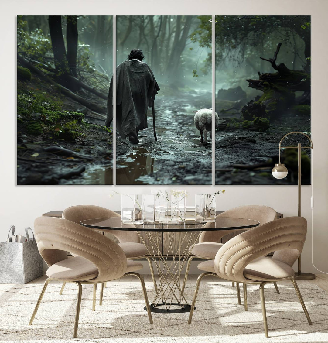 The "Forest Jesus Shepherd Canvas Wall Art" features a person with a cane, clothed in a cloak, walking beside a sheep through a misty forest. This piece captures tranquility and is ideal for adding serenity to your living room, office, or bedroom decor.