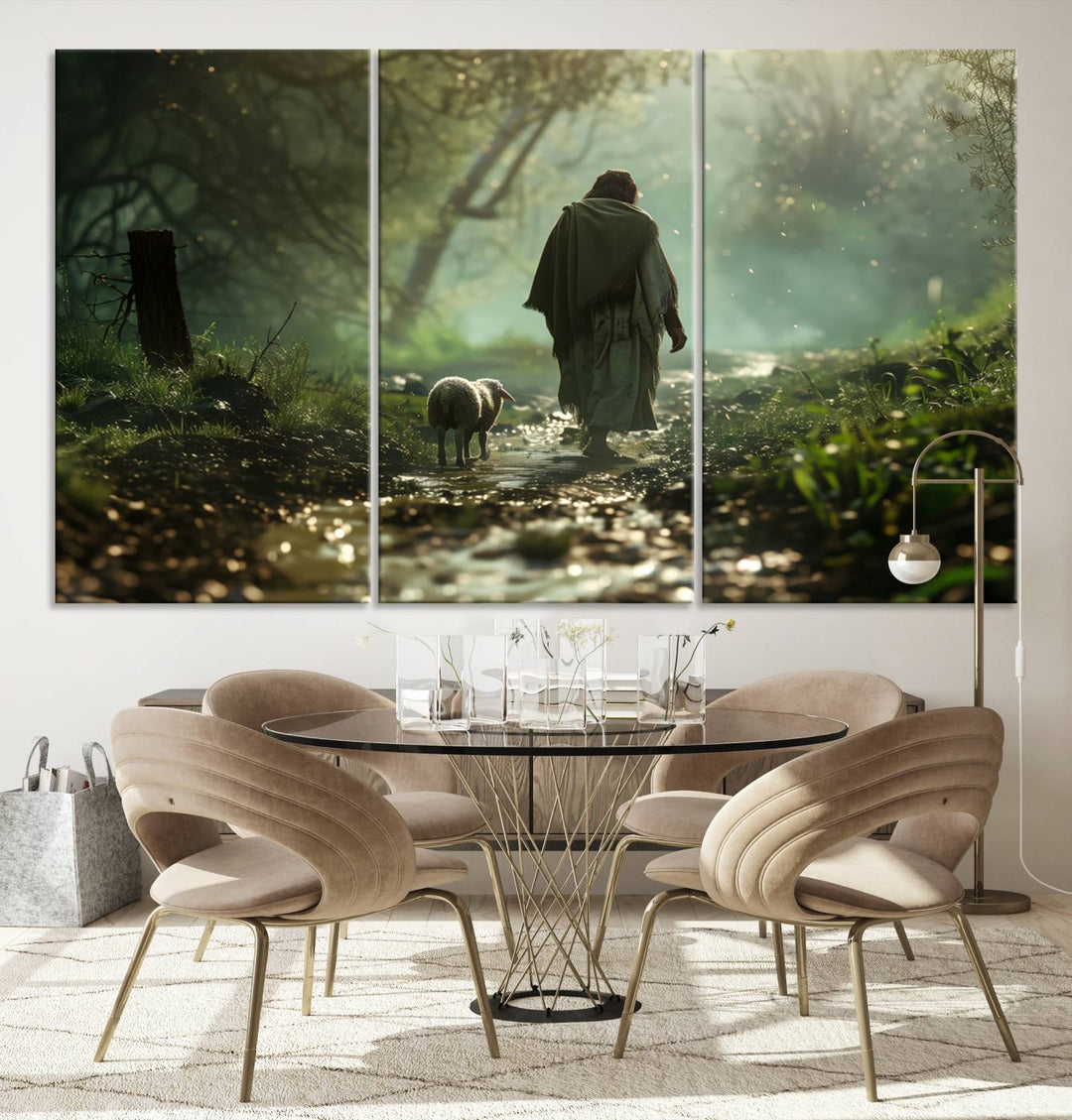 The wall art piece, titled "Jesus Shepherd a Lost Lamb Canvas Wall Art Print," is suspended on the wall and depicts a robed figure and a lamb wandering along a forest path.